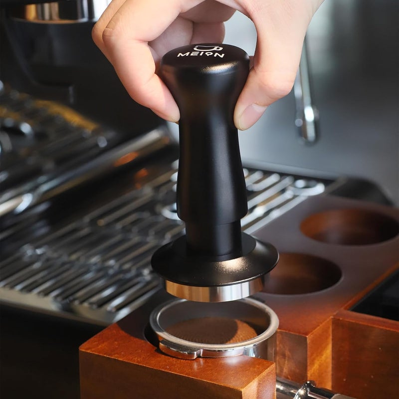 MEION Espresso Tamper 58.5mm Coffee Tamper, Calibrated Dual Spring Loaded Barista Tamper with Stainless Steel Base, Comes with aluminum storage pad (58.5MM, Black) - Image 5